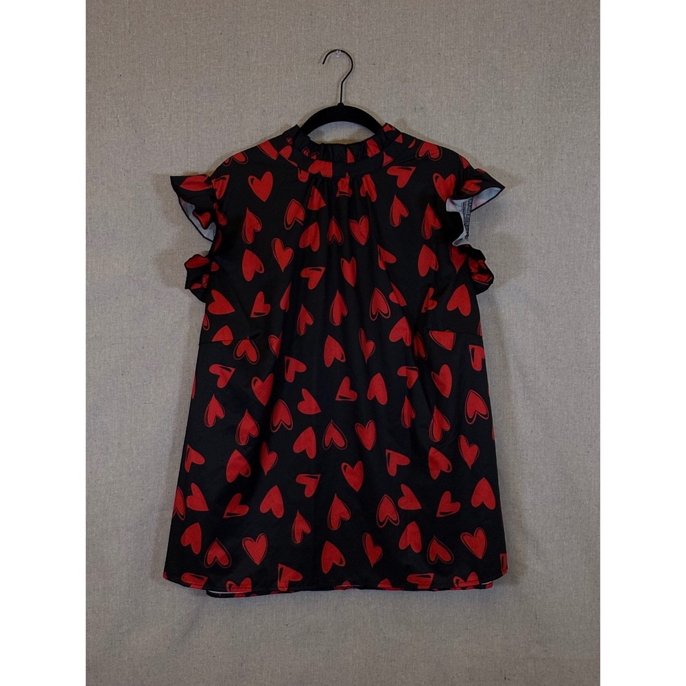 SHEIN Curve Black Red Heart Print Ruffle Neck Sleeveless Blouse Plus Size 4XL